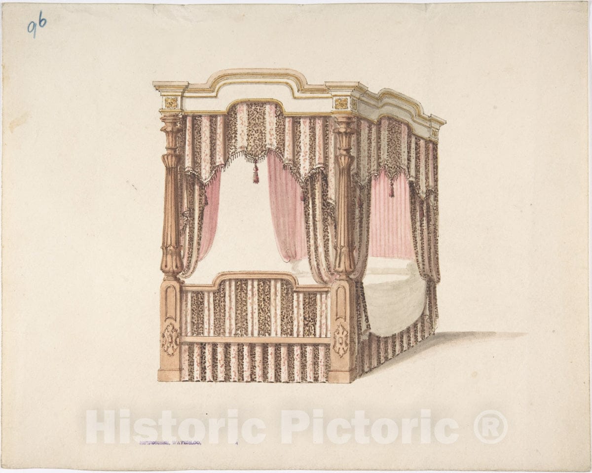 Art Print : British, 19th Century - Design for a Four-Poster Bed with Pink, Brown and White Draperies : Vintage Wall Art