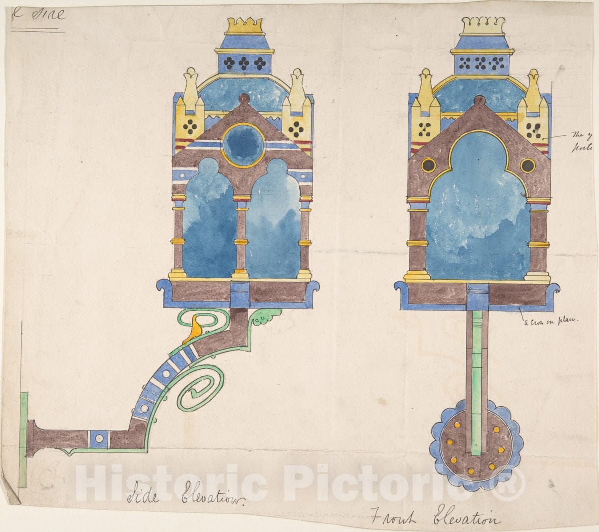 Art Print : Richardson Ellson & Co. - Design for a Church Wall Lantern, Front and Side Elevations : Vintage Wall Art