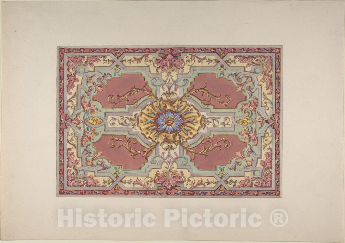 Art Print : Jules-Edmond-Charles Lachaise - Design for a Painted Ceiling with Strapwork and Foliage on a Rose Background : Vintage Wall Art