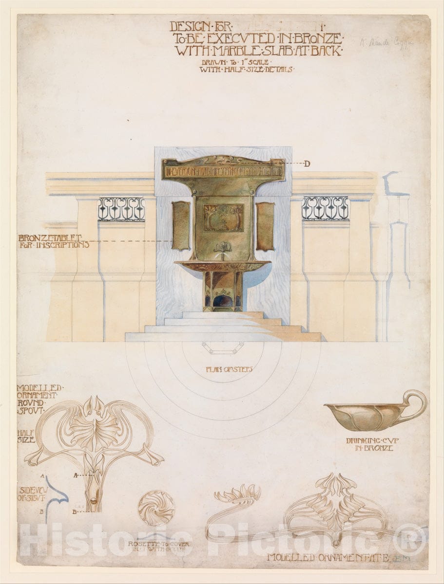 Art Print : Kay Maude Coggin - Design for a Fountain to be Executed in Bronze with a Marble Slab at The Back : Vintage Wall Art