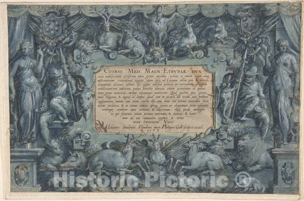 Art Print : Jan Van der Straet, Called Stradanus - Design for a Frontispiece with The Medici Arms : Vintage Wall Art