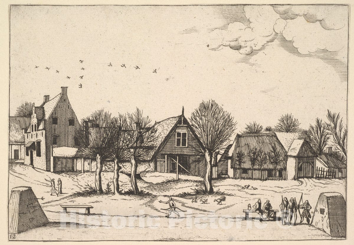 Art Print : Johannes Van Doetecum The Elder - Country Village, Archers in The Foreground from Multifariarum casularum ruriumque lineamenta curiose ad vivum expressa : Vintage Wall Art