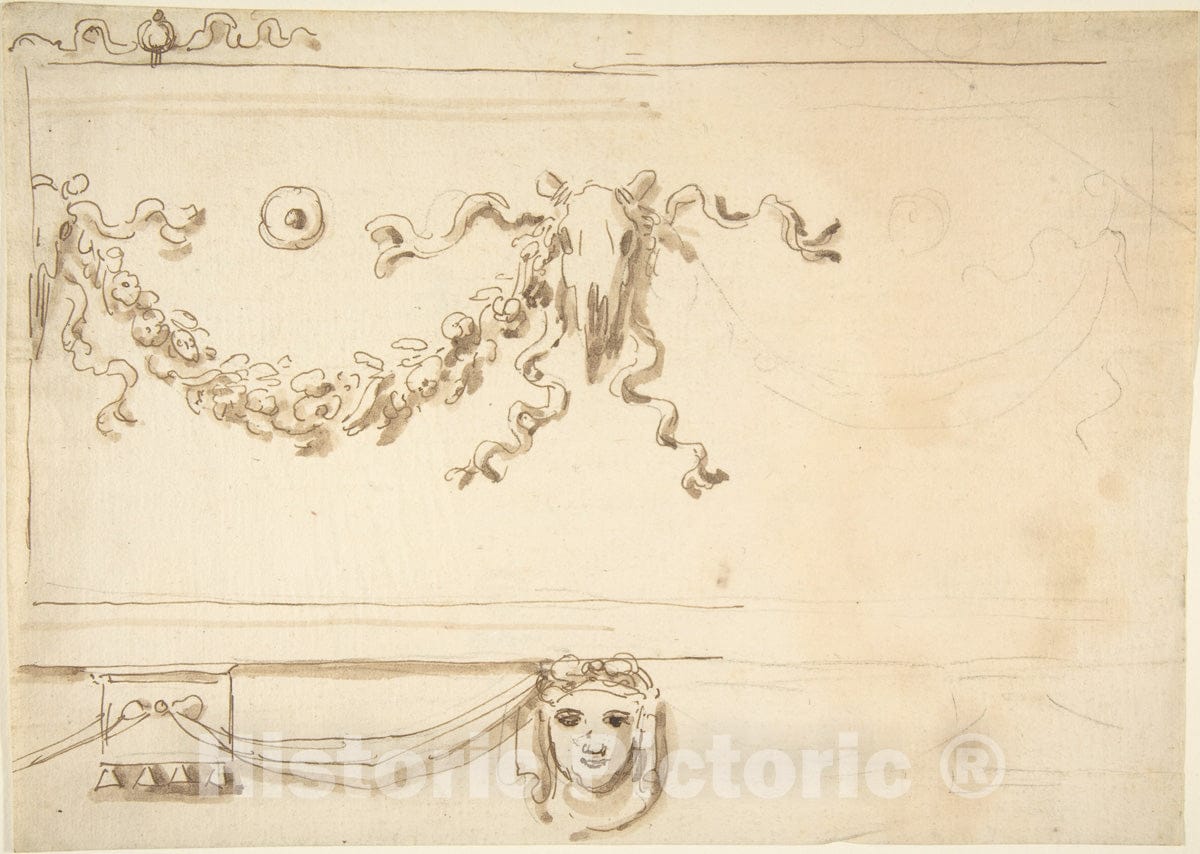Art Print : Italian, First Half of The 18th Century - Design for a Frieze: Garland and Animal Skull : Vintage Wall Art