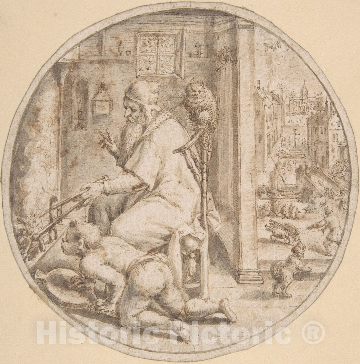 Art Print : Crispijn de Passe The Elder - December: and Old Man Seated by a Hearth with a Young Man Blowing on The Fire : Vintage Wall Art