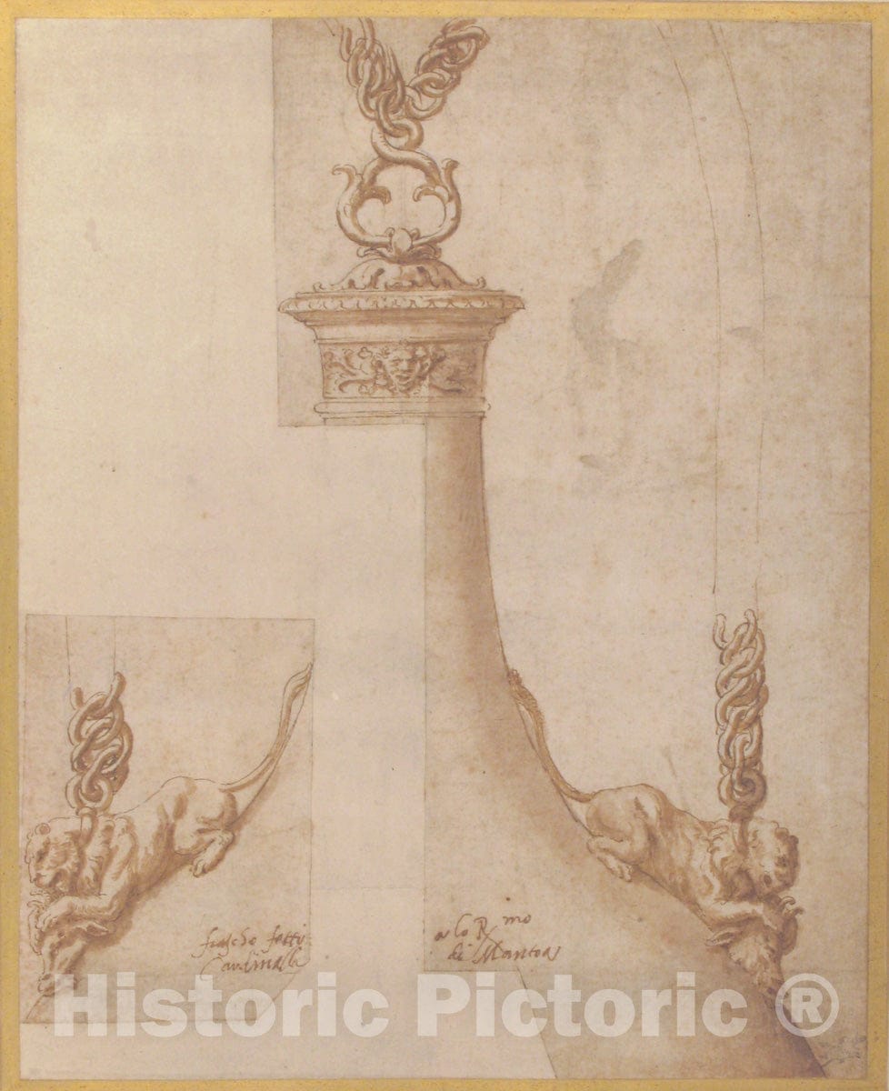 Art Print : Giulio Romano - Design for a Flask with Chain Handles : Vintage Wall Art