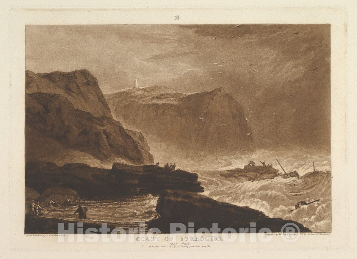 Art Print : Designed and Etched by Joseph Mallord William Turner - Coast of Yorkshire, Near Whitby (Liber Studiorum, Part V, Plate 24) 2 : Vintage Wall Art