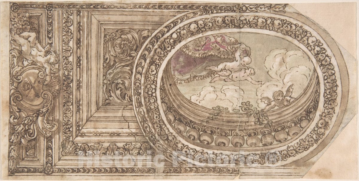 Art Print : Italian, 17th Century - Design for a Ceiling with an Oval Trompe L'Oeil Fine Art Print -  : Vintage Wall Art