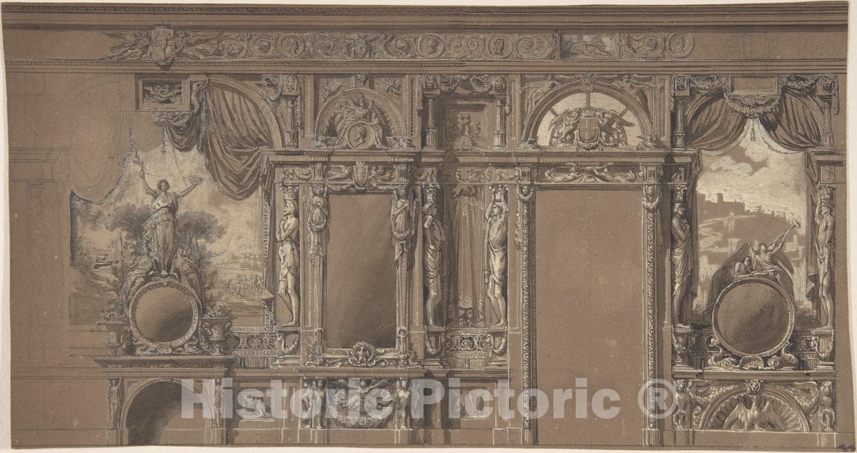 Art Print : Italian, 19th Century - Design for a Heavily-Decorated Wall Elevation : Vintage Wall Art