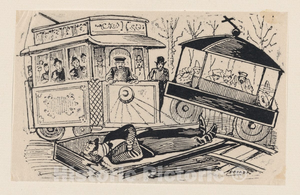 Art Print : José Guadalupe Posada - Collision Between a Trolley and a Hearse : Vintage Wall Art