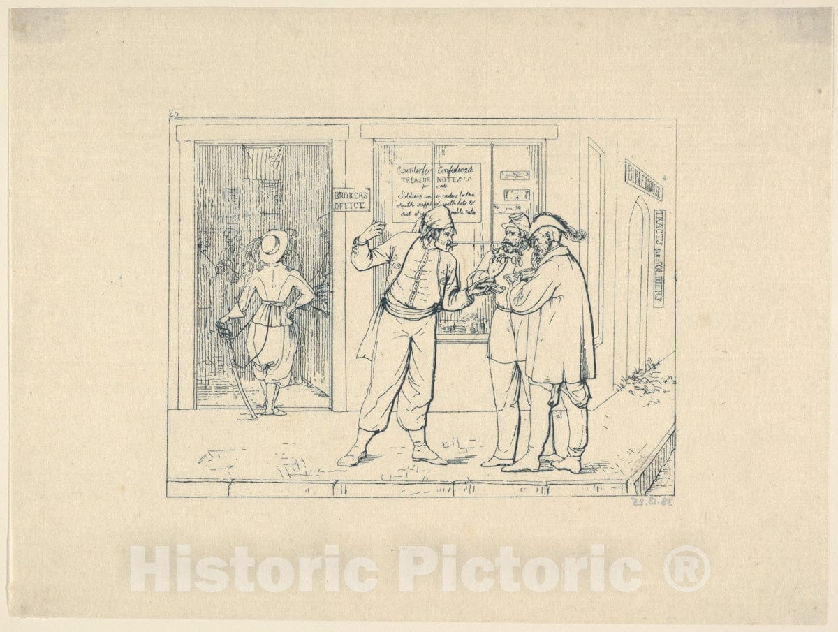 Art Print : Adalbert John Volck - Counterfeit Confederate Notes Publicly Offered for Sale in The City of Brotherly Love (from Confederate War Etchings) : Vintage Wall Art