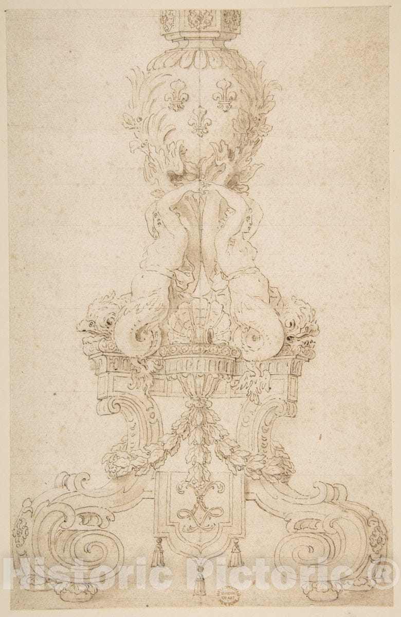 Art Print : French, 17th Century - Design for a Candelabrum with The Monogram of Louis XIV : Vintage Wall Art