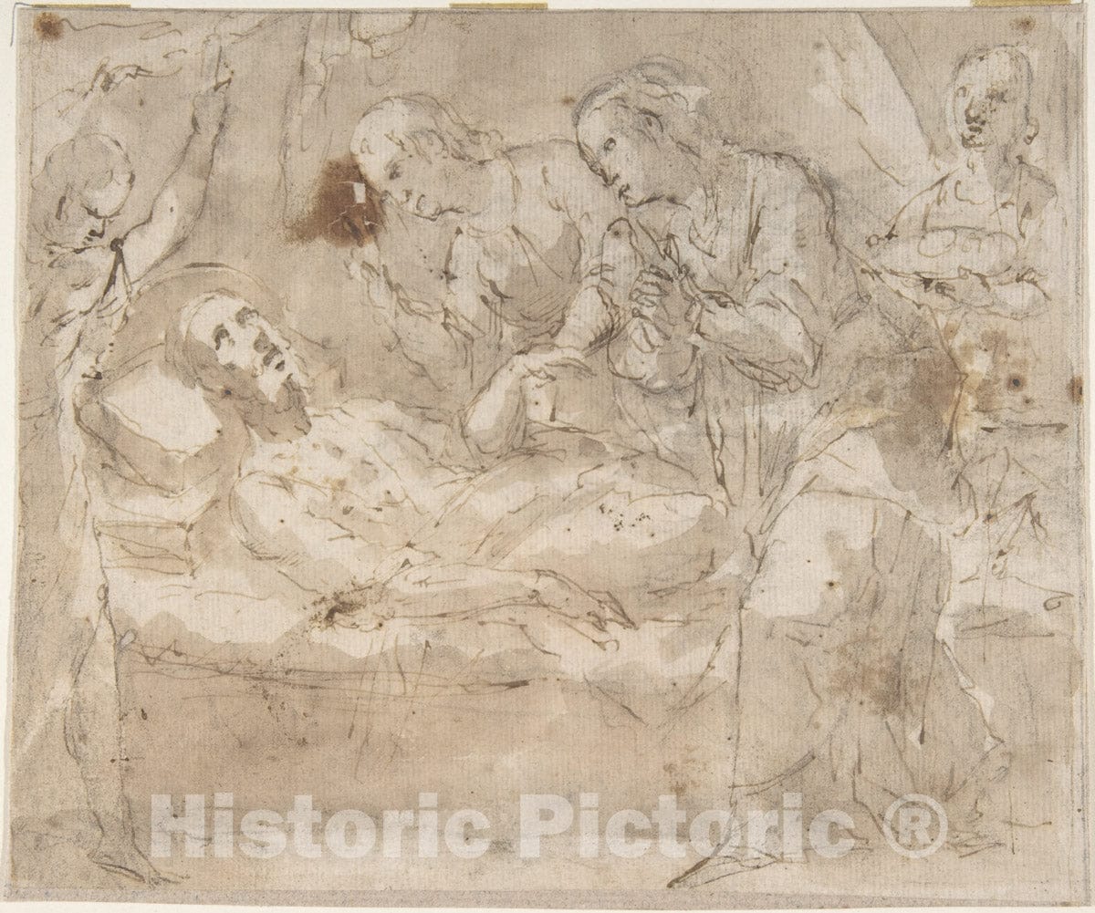 Art Print : Spanish, School of Seville, 17th Century - Death of a Male Saint (Joseph?) with Four Secondary Figures : Vintage Wall Art