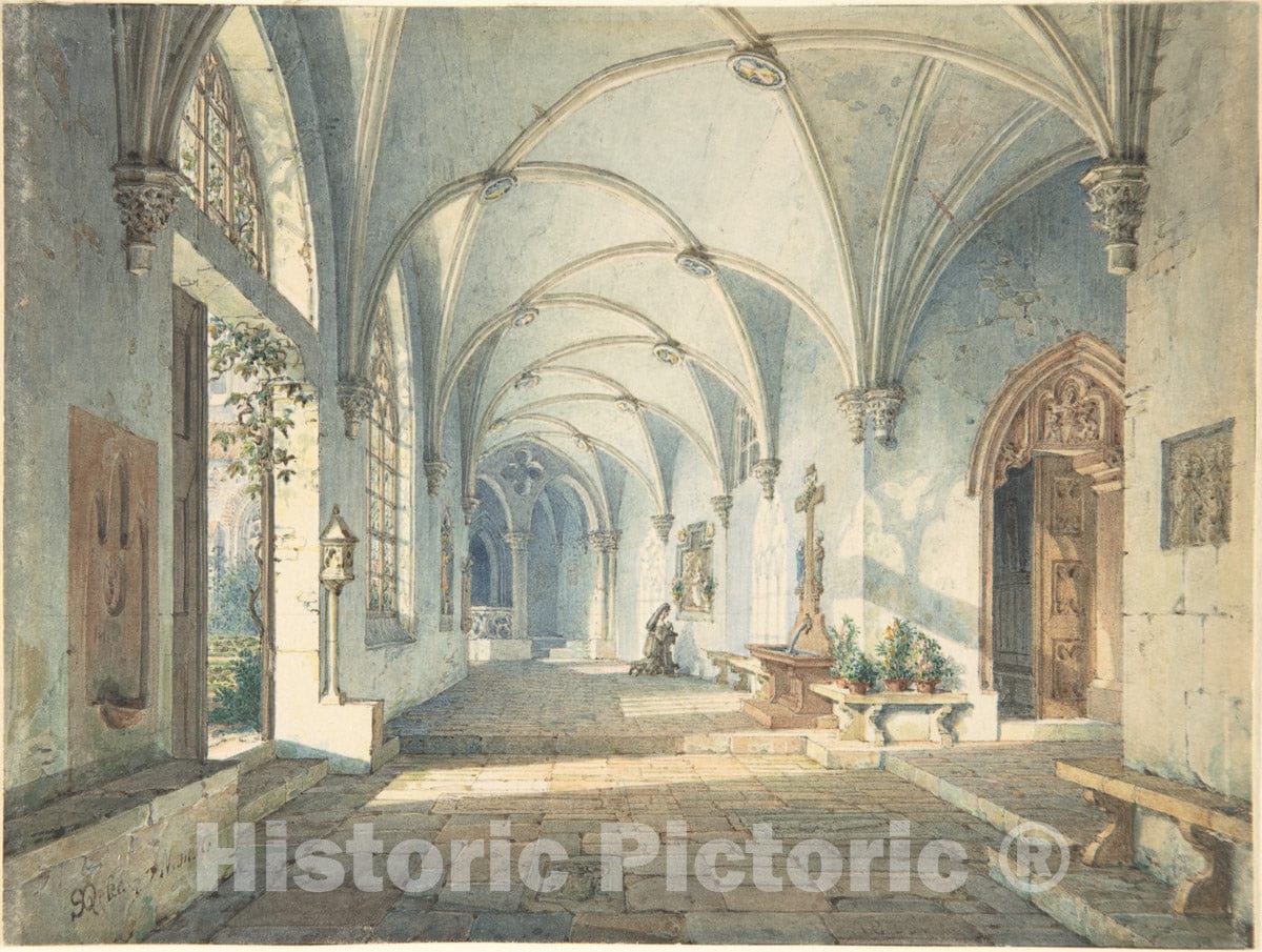 Art Print : Simon Quaglio - Cloisters in a Nunnery : Vintage Wall Art