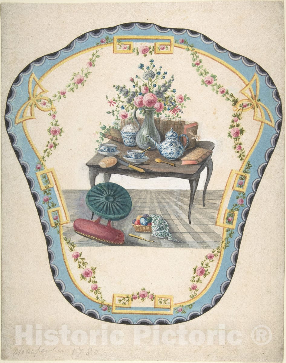 Art Print : Eugène Charpentier - Design for a Firescreen with a Table with a Vase of Flowers, Books, and Teapot : Vintage Wall Art
