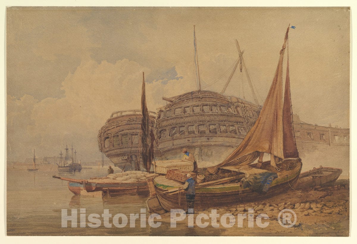 Art Print : Samuel Prout - Coastal Scene with Beached Boats in Foreground : Vintage Wall Art