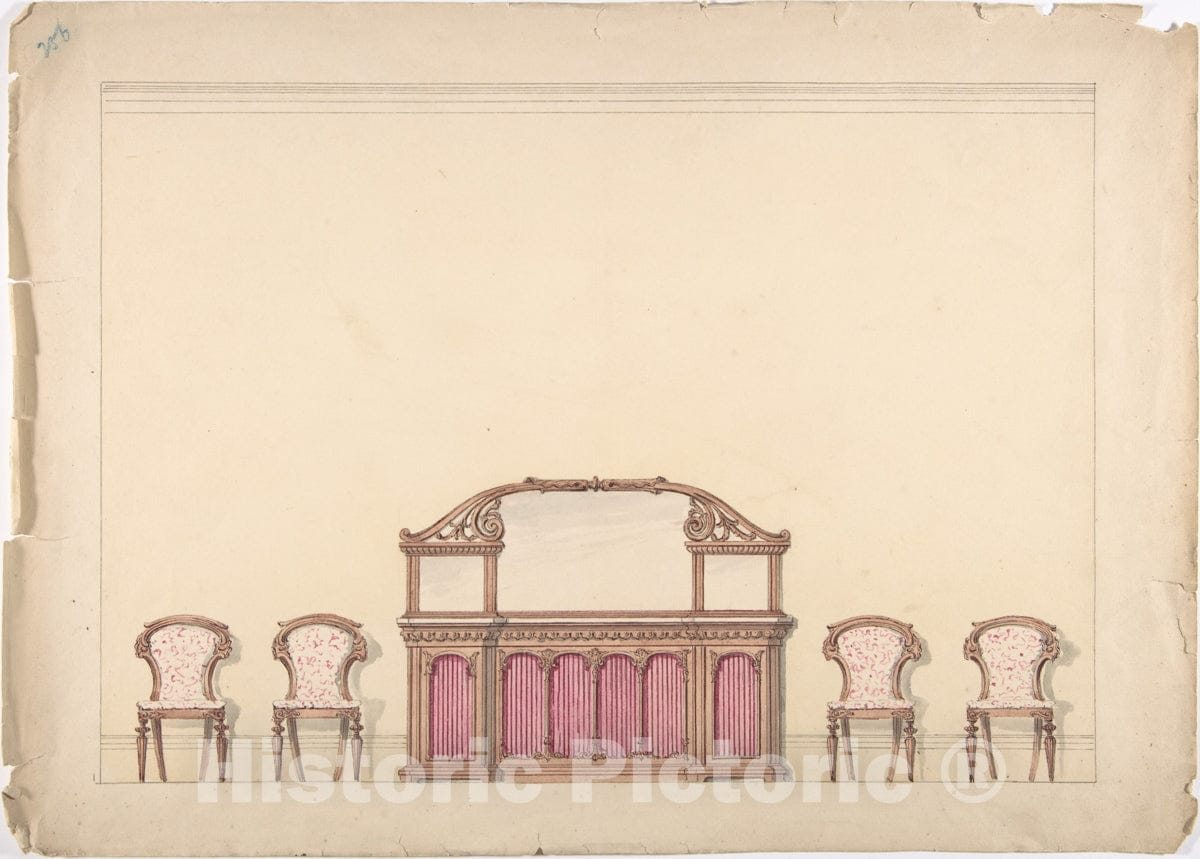 Art Print : British, 19th Century - Design for a Mirrored Cabinet and Four Chairs 1 : Vintage Wall Art