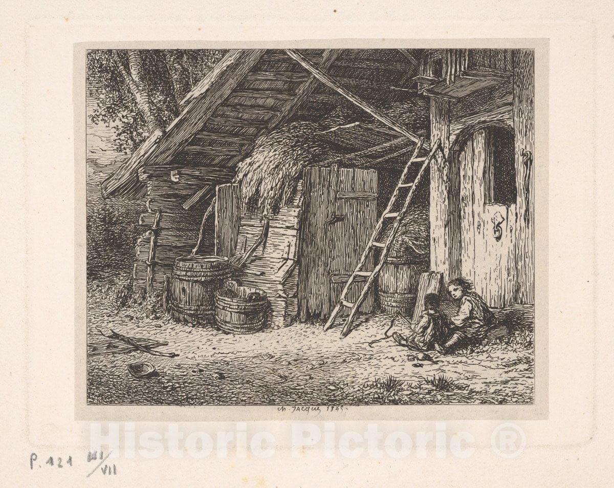 Art Print : Charles Jacque - Coin de Ferme : Vintage Wall Art