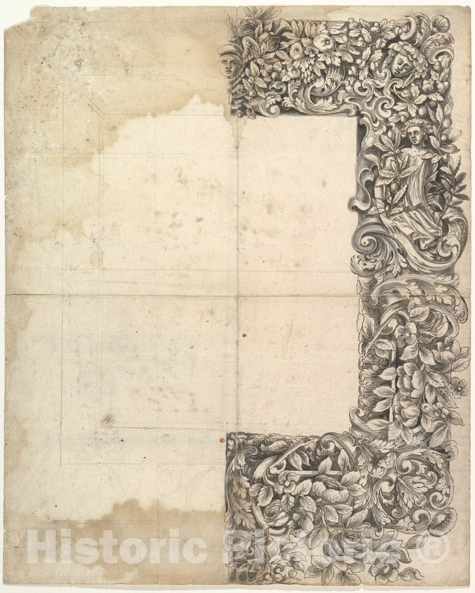 Art Print : British, 17th Century - Design for a Carved Mirror Frame (Right Side only) : Vintage Wall Art
