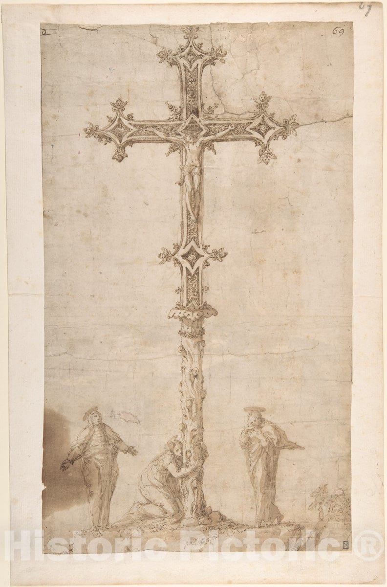 Art Print : Polidoro da Caravaggio - Design for a Crucifix with The Virgin Mary, Saint Mary Magdalen, and Saint John : Vintage Wall Art