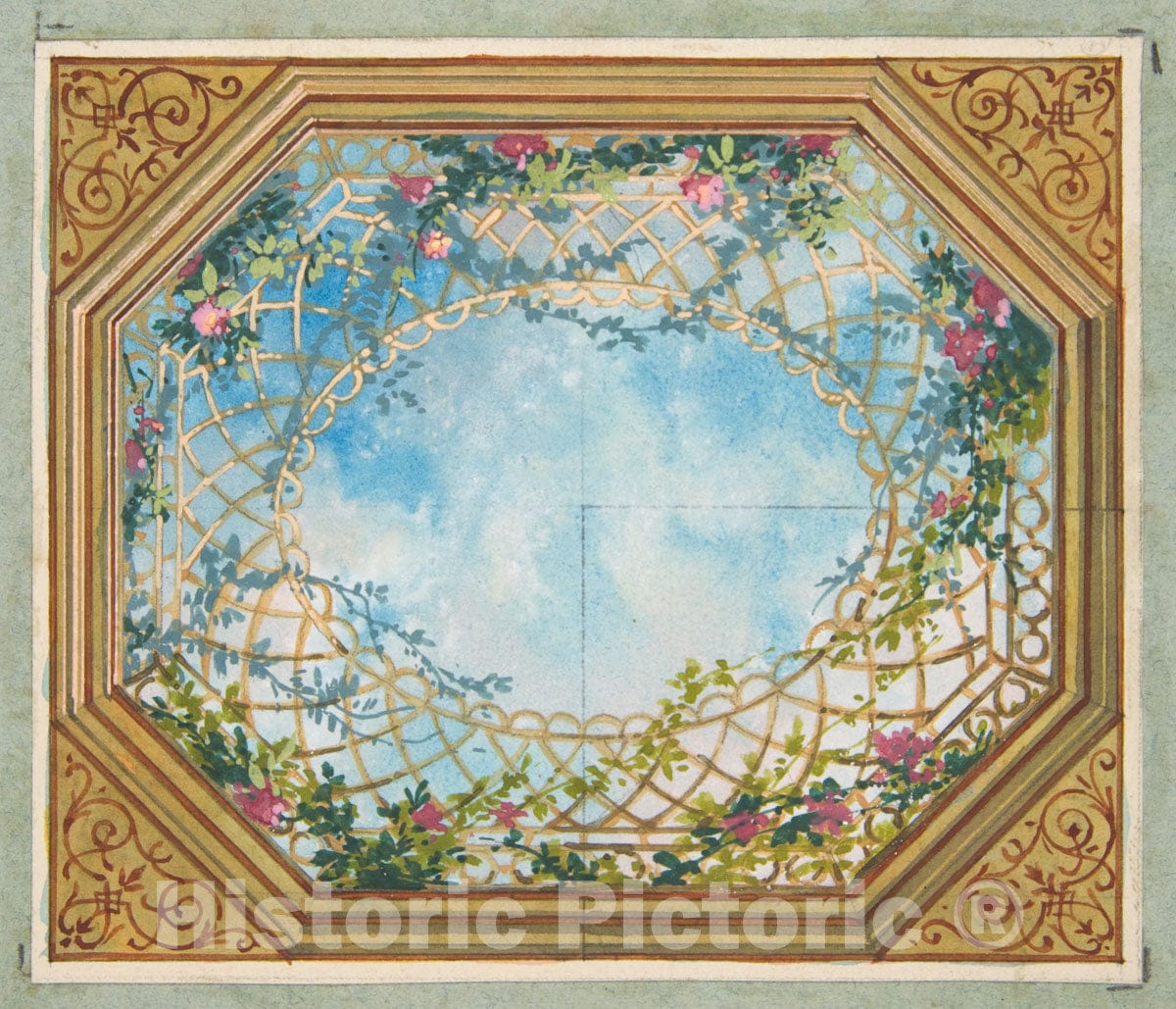 Art Print : Jules-Edmond-Charles Lachaise - Design for a Ceiling Painted with Clouds, trellises, and Roses : Vintage Wall Art