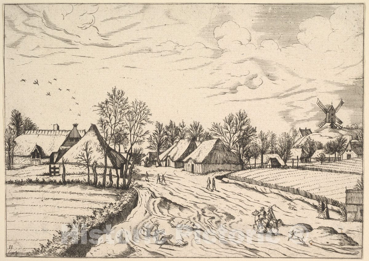 Art Print : Johannes Van Doetecum The Elder - Country Village with Post Mill from Multifariarum casularum ruriumque lineamenta curiose ad vivum expressa : Vintage Wall Art