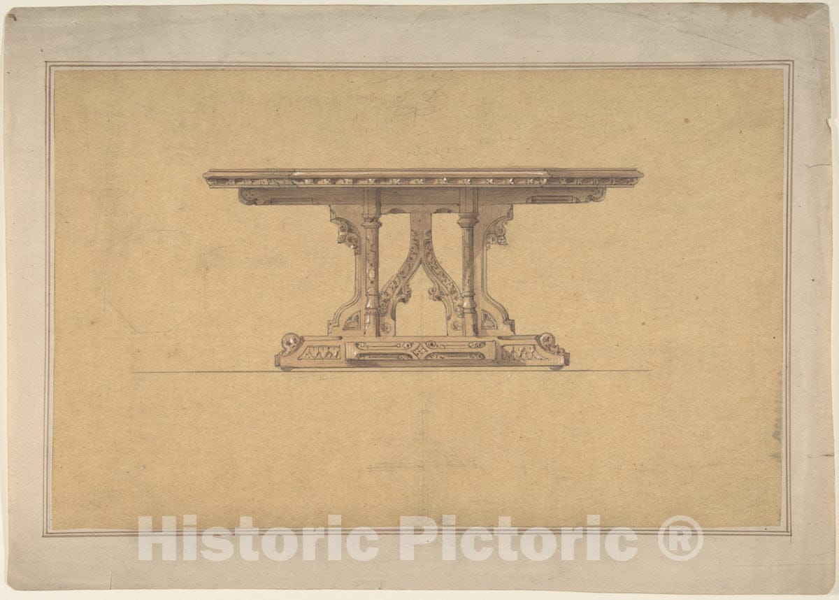 Art Print : British, 19th Century - Design for a Gothic Style Table : Vintage Wall Art