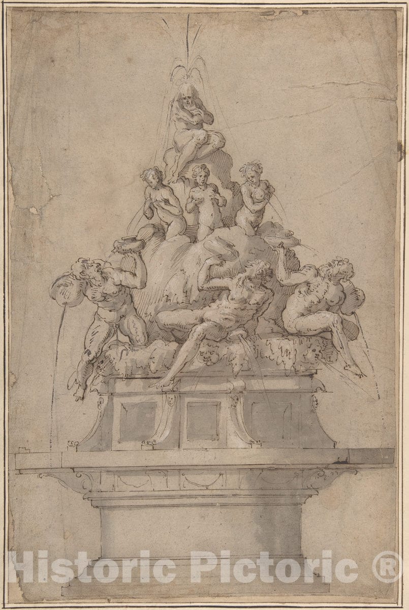 Art Print : Giorgio Vasari - Design for a Fountain with Rivergods and Nymphs. : Vintage Wall Art