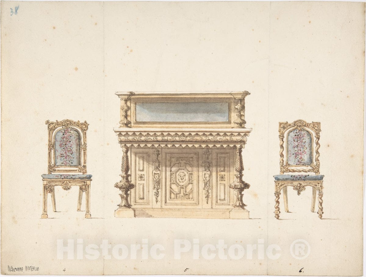 Art Print : British, 19th Century - Design for a Mirrored Cabinet and Two Chairs : Vintage Wall Art
