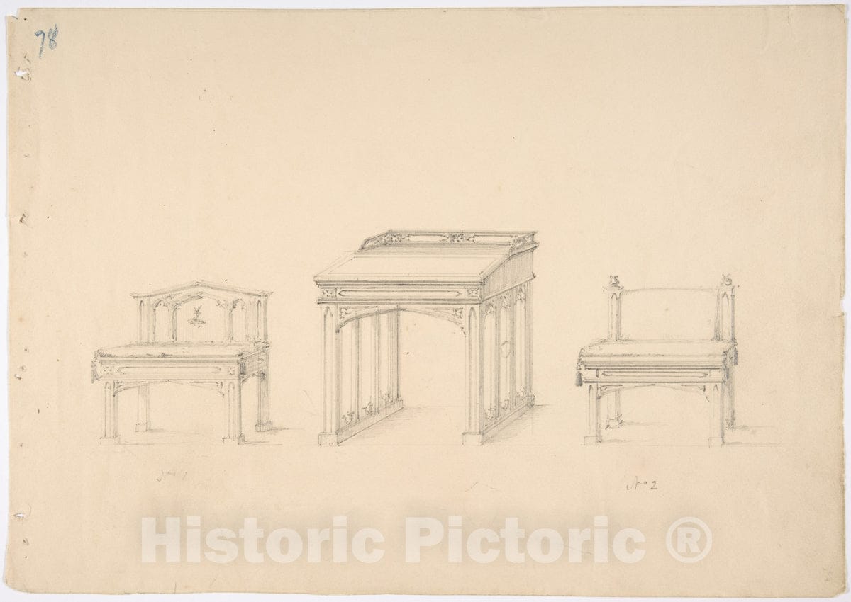 Art Print : British, 19th Century - Design for a Gothic Desk and Two Low Chairs : Vintage Wall Art