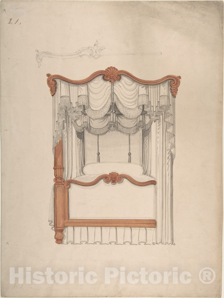 Art Print : British, 19th Century - Design for a Four-Poster Bed with Draperies : Vintage Wall Art