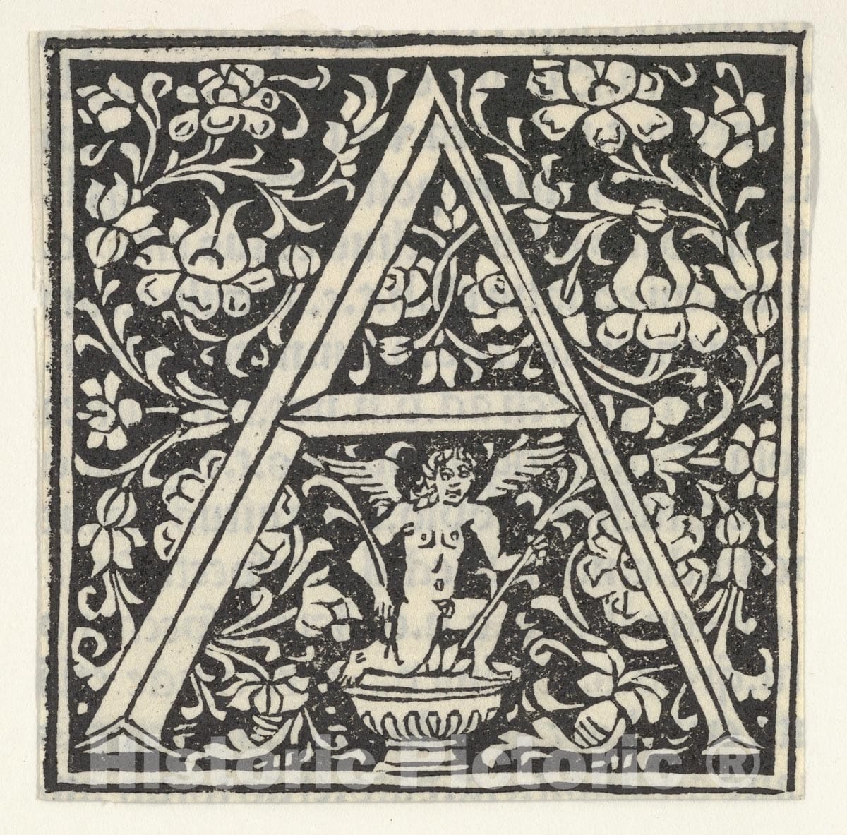 Art Print : Anonymous, Italian, 15th Century - Initial Letter A with putto : Vintage Wall Art