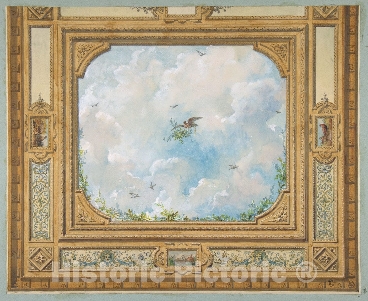Art Print : Jules-Edmond-Charles Lachaise - Design for a Ceiling Decorated with Clouds and Birds : Vintage Wall Art