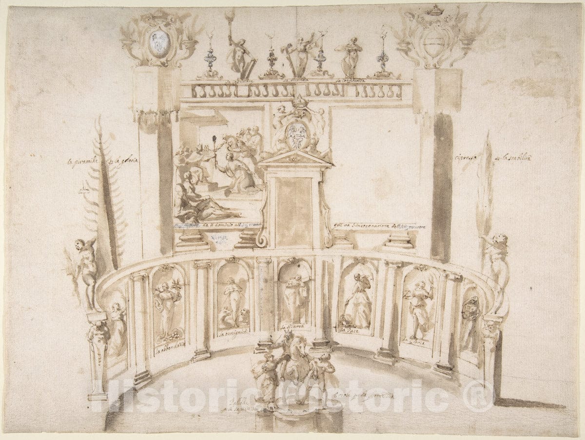 Art Print : Francesco Allegrini - Design for a Garden Fête with a Semi-Circular Wall and Statues in Niches. : Vintage Wall Art