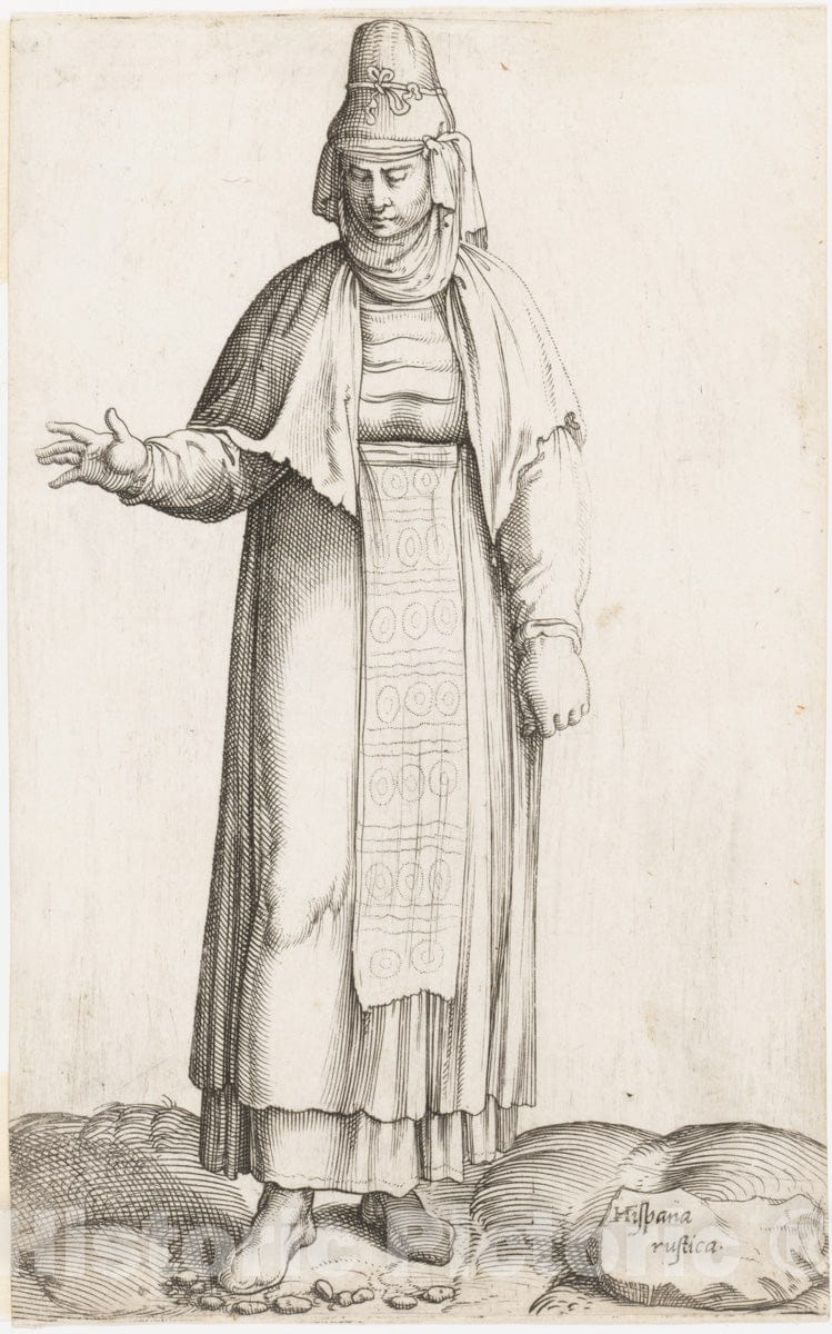 Art Print : Engraved by Enea Vico - Costume Plate: Hispana Rustica (with Label on Rock) : Vintage Wall Art