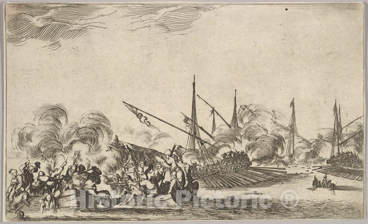 Art Print : Combat Between Several rowboats and Ships - Artist: Stefano Della Bella - Created: 1639 : Vintage Wall Art