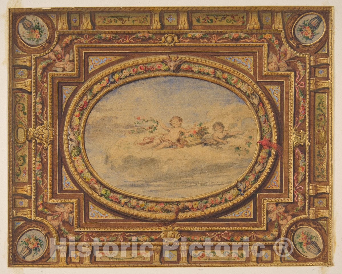 Art Print : Jules-Edmond-Charles Lachaise - Design for a Painted Ceiling with putti on Clouds in a Central Oval : Vintage Wall Art