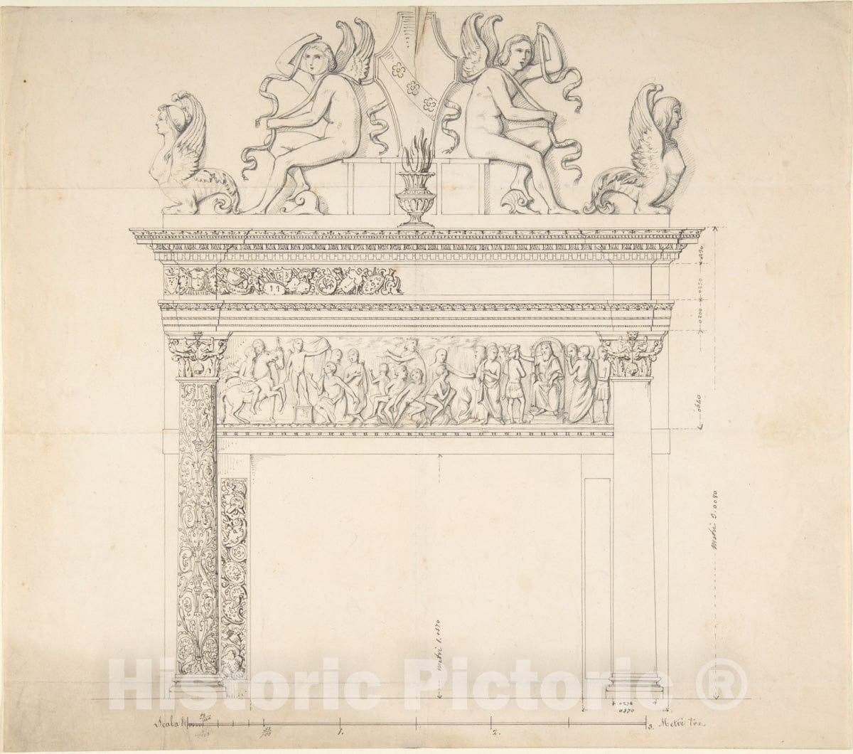 Art Print : Italian, 19th Century - Design for a Chimney Piece : Vintage Wall Art