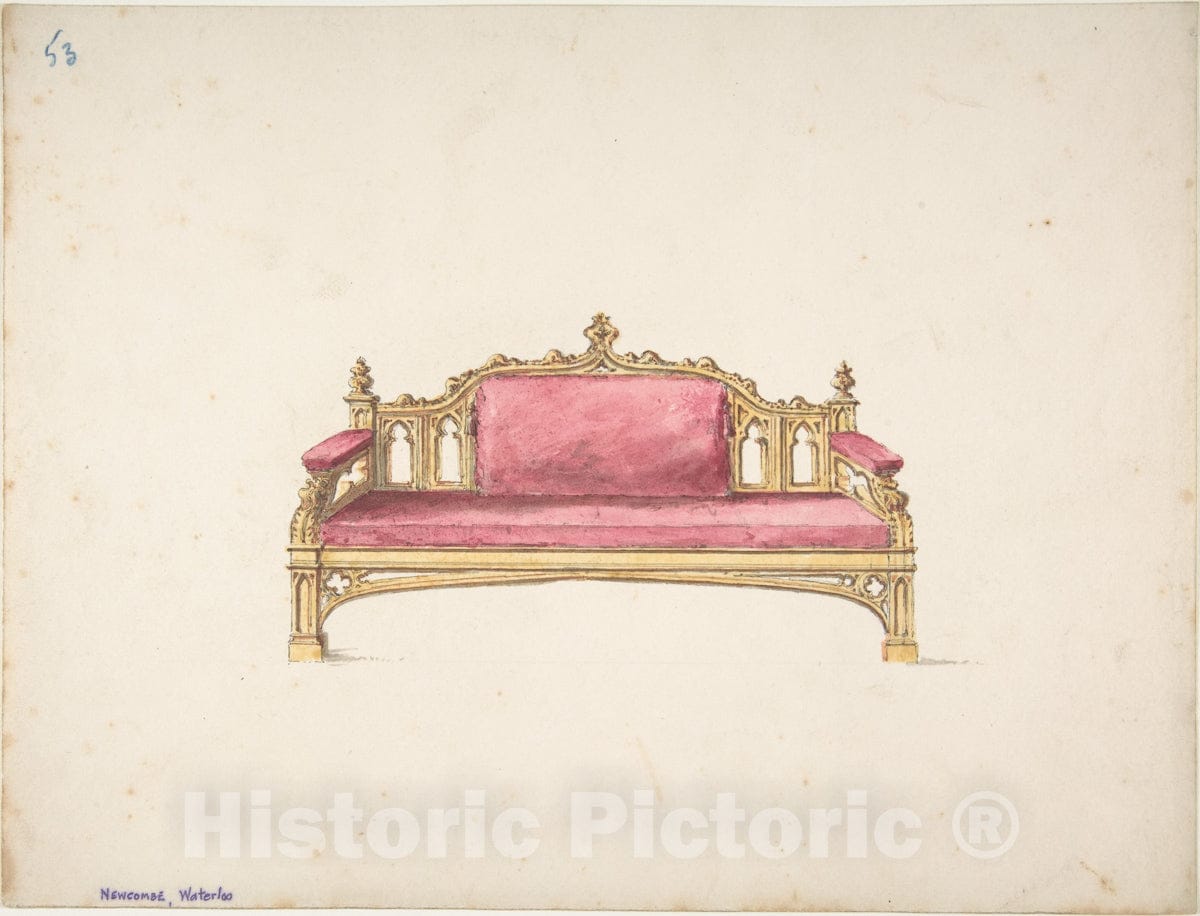 Art Print : British, 19th Century - Design for a Gothic Settee : Vintage Wall Art