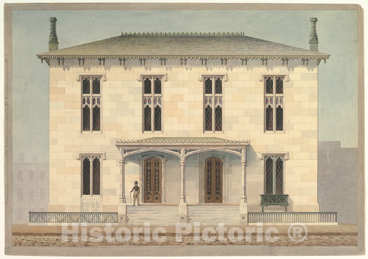 Art Print : Alexander Jackson Davis - Design for a Double Townhouse (Front Elevation) : Vintage Wall Art