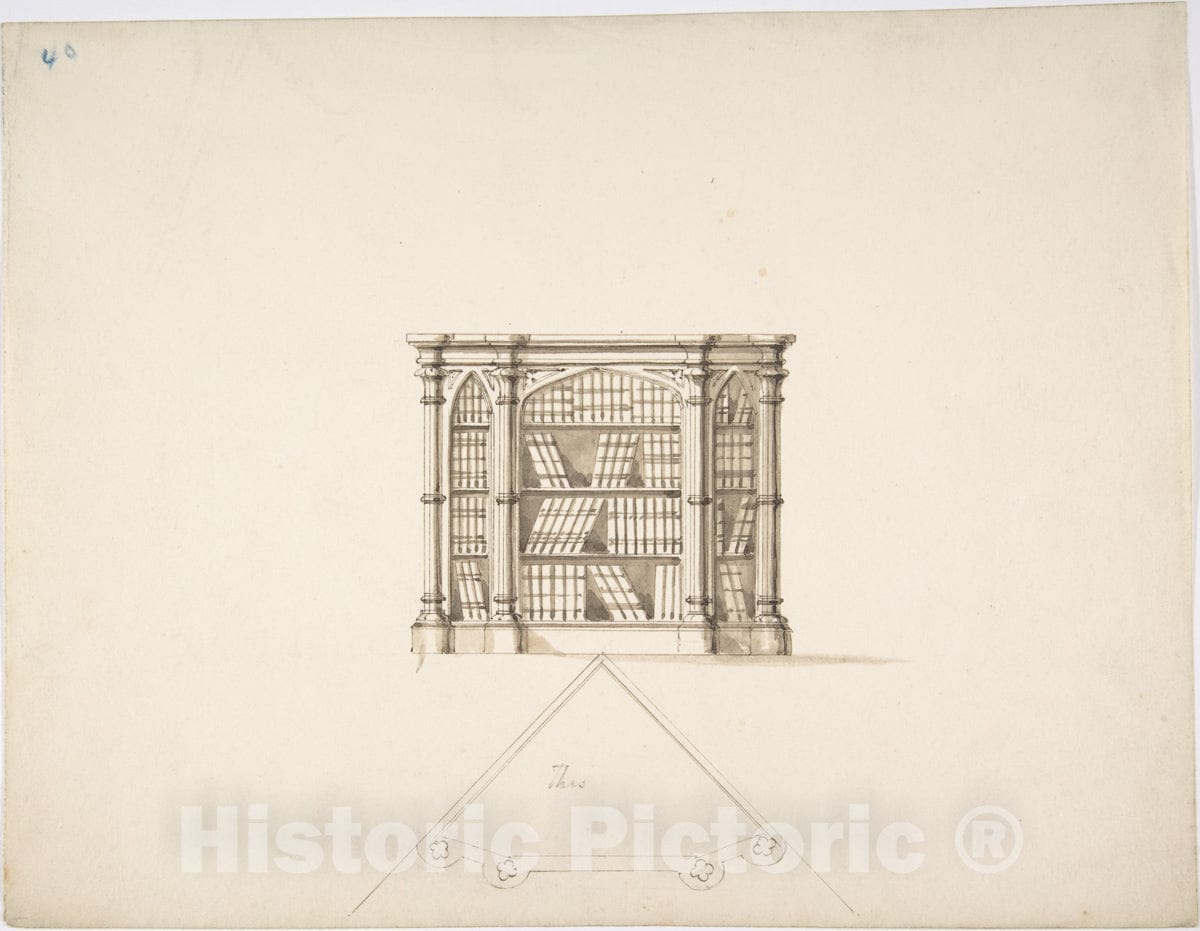 Art Print : British, 19th Century - Design for a Gothic Style Corner Book Cabinet: Elevation and Plan 1 : Vintage Wall Art