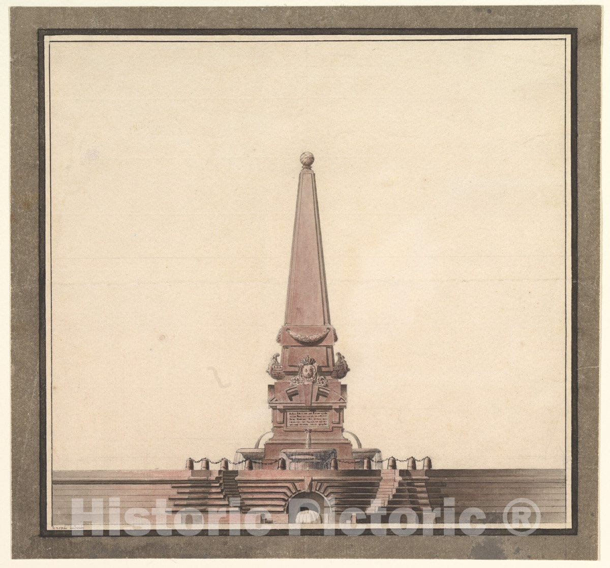 Art Print : Anonymous, 18th Century - Design for a Fountain with an Obelisk : Vintage Wall Art