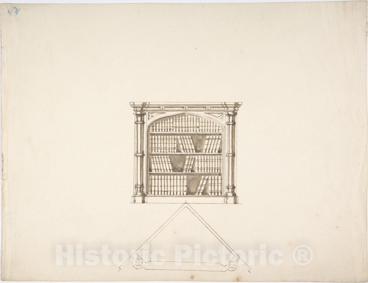 Art Print : British, 19th Century - Design for a Gothic Style Corner Book Cabinet: Elevation and Plan 2 : Vintage Wall Art
