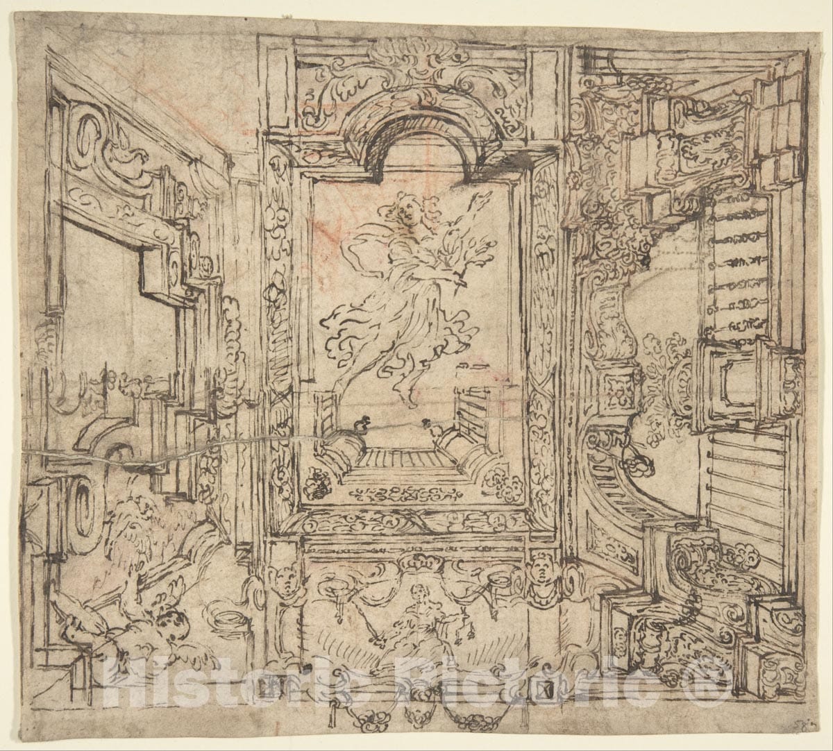 Art Print : Italian, Piedmontese, 18th Century - Design for a Painted Ceiling: Perspective Architectural with a Figure at The Center : Vintage Wall Art