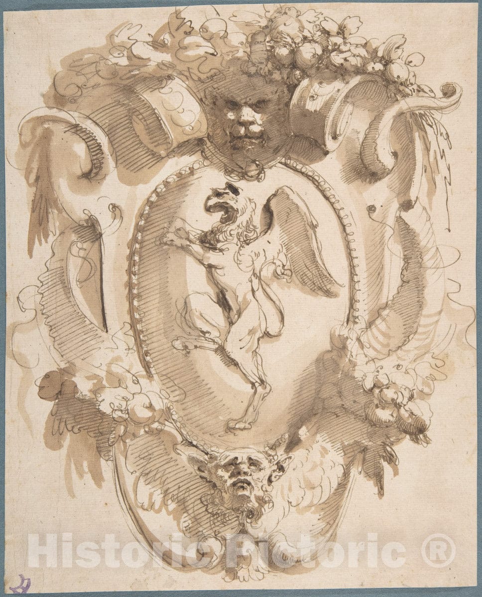 Art Print : Carlo Bianconi - Design for a Cartouche with a Coat of Arms containing a Griffin : Vintage Wall Art