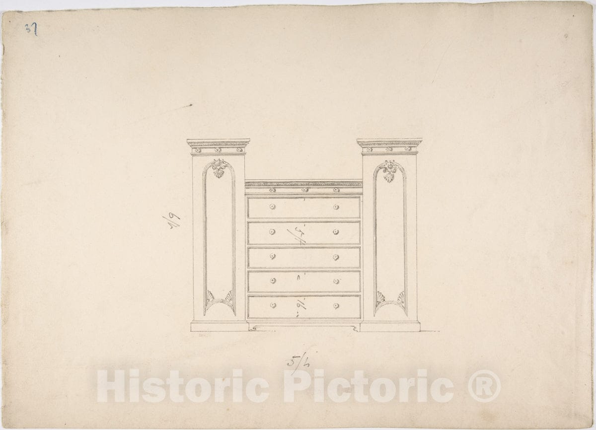 Art Print : British, 19th Century - Design for a Cabinet with Central Drawers and Palmeate Ornament : Vintage Wall Art