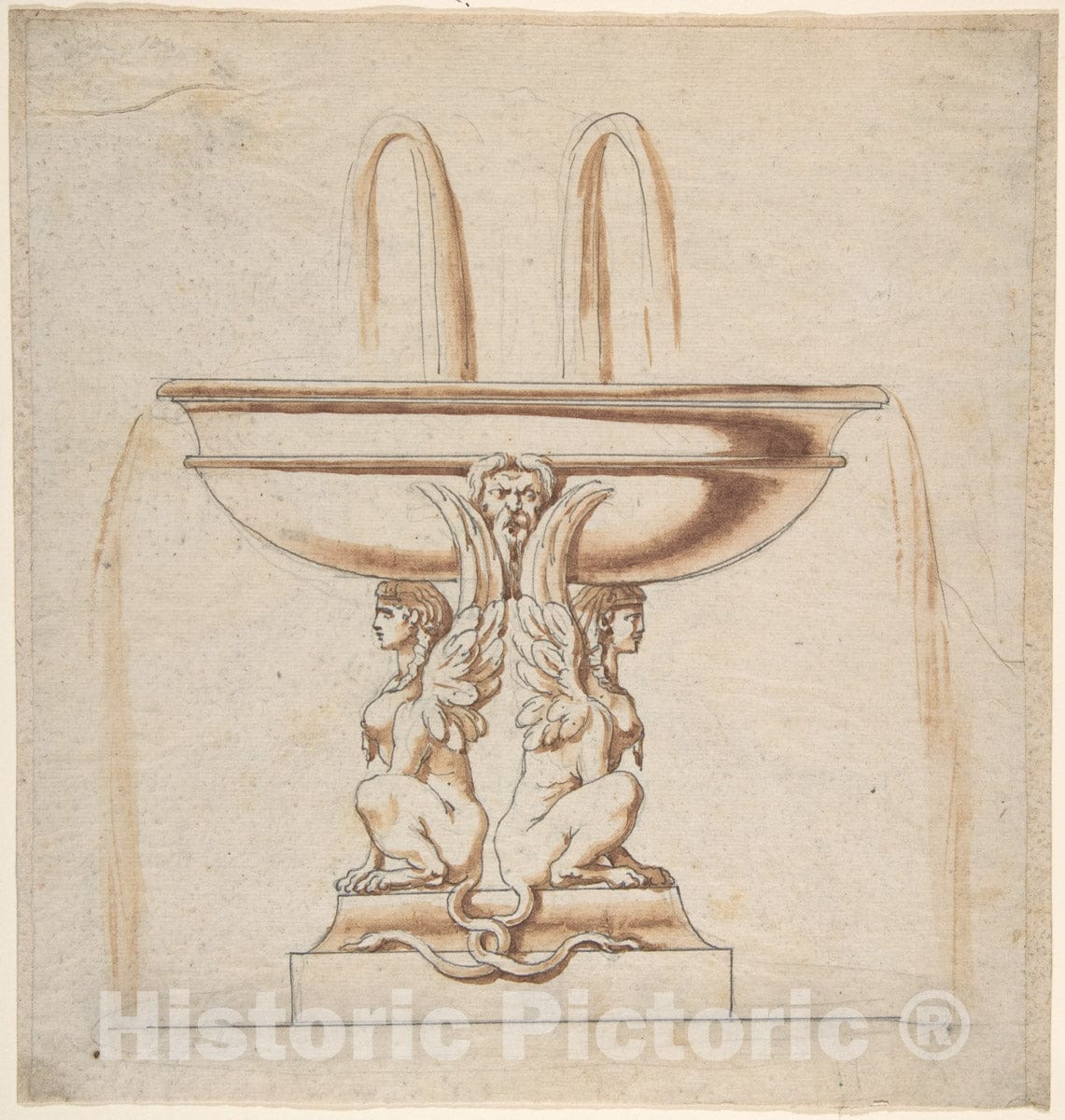 Art Print : Italian, 18th Century - Design for a Fountain: Bowl Supported by Two Sphynxes : Vintage Wall Art