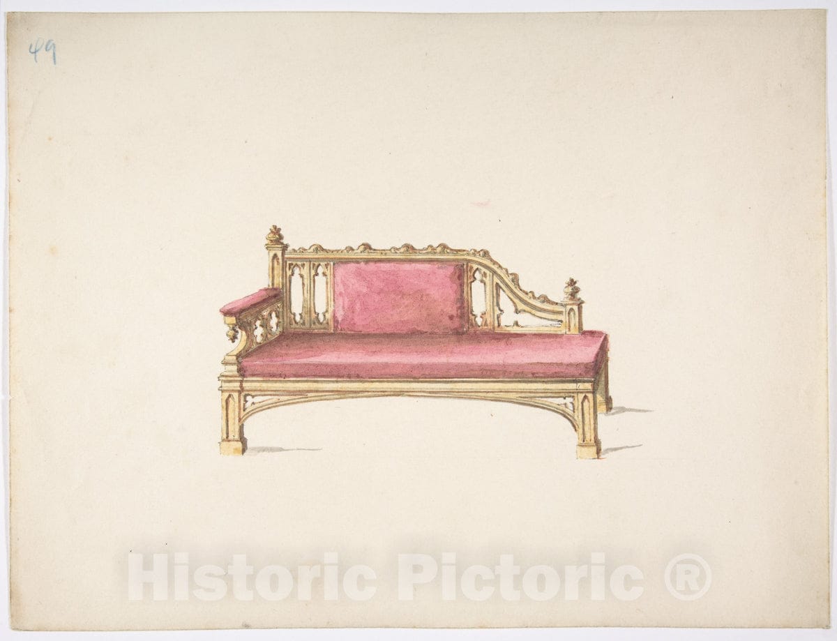 Art Print : British, 19th Century - Design for a Gothic Style Sofa Upholstered in Red : Vintage Wall Art