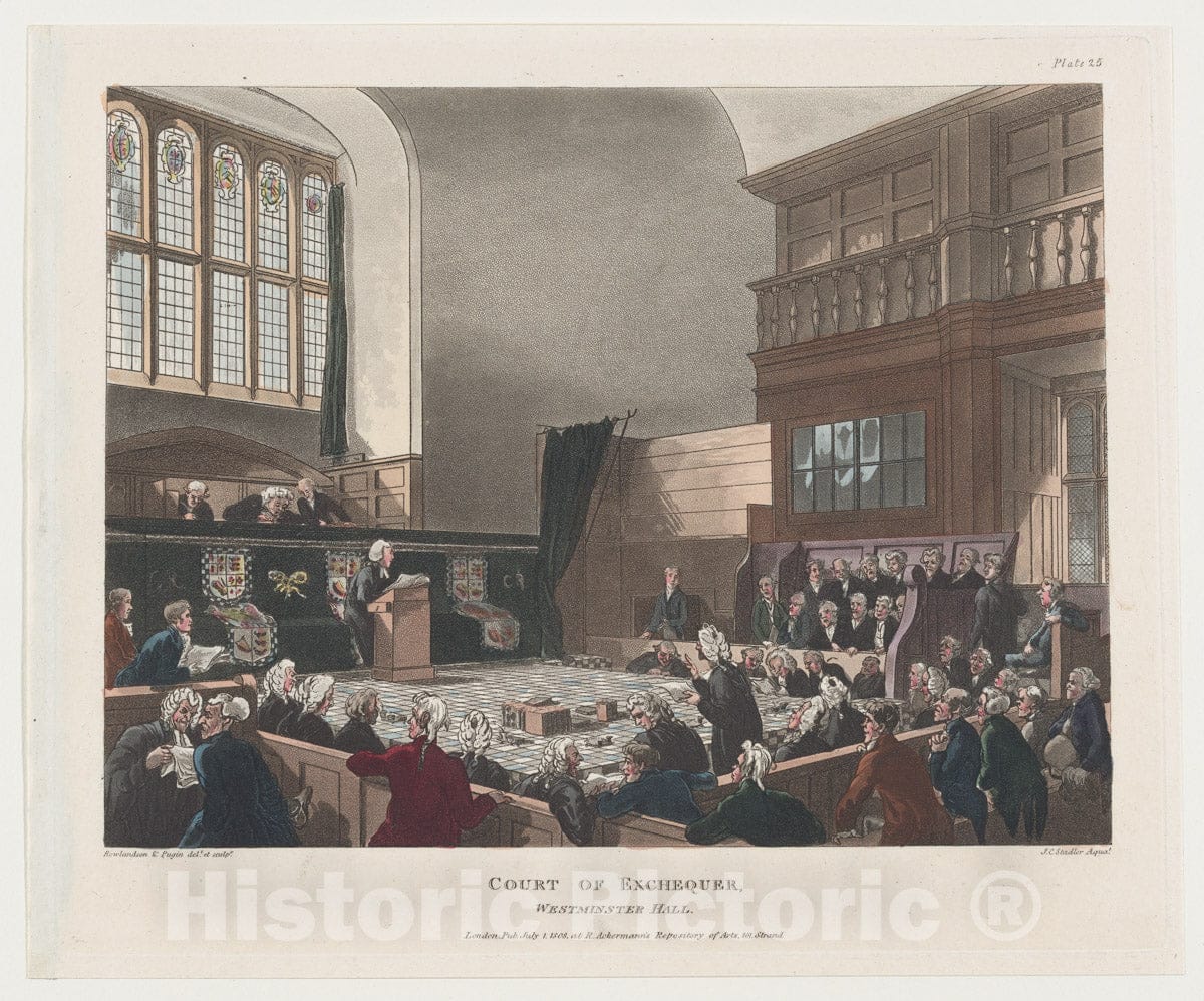 Art Print : Designed and Etched by Thomas Rowlandson - Court of Exchequer, Westminster Hall (Microcosm of London, Plate 25) : Vintage Wall Art