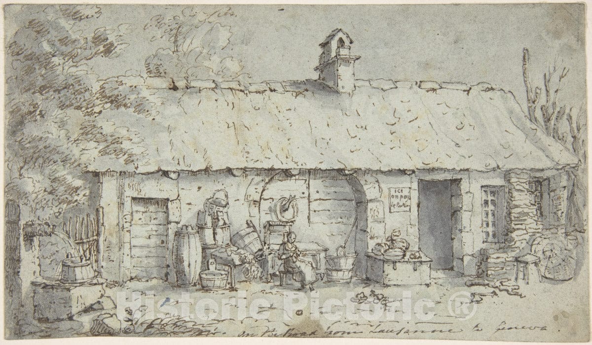 Art Print : Possibly by Joseph Farington - Cottage on The Road from Lausanne to Geneva : Vintage Wall Art