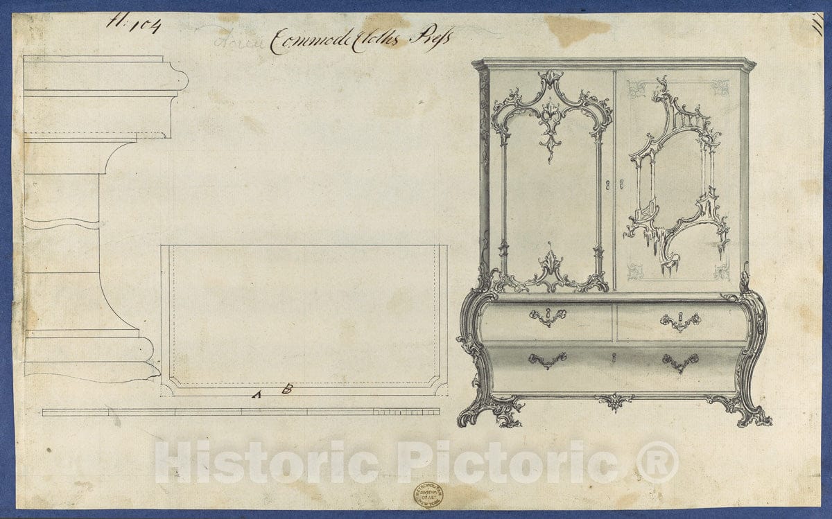 Art Print : Thomas Chippendale - Commode Clothes Press, from Chippendale Drawings, Vol. II : Vintage Wall Art